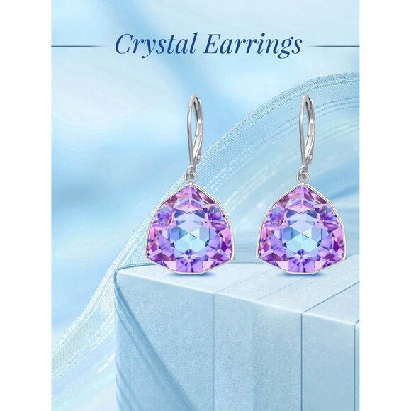 Sterling Silver Amethyst Simple Geometric Birthstone Dangle Drop Earring Jewelry - Picture 4 of 5